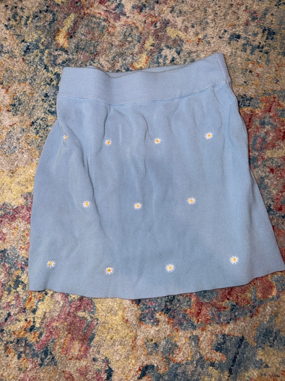 Daisy Embroidered Light Blue Knit Mini Skirt